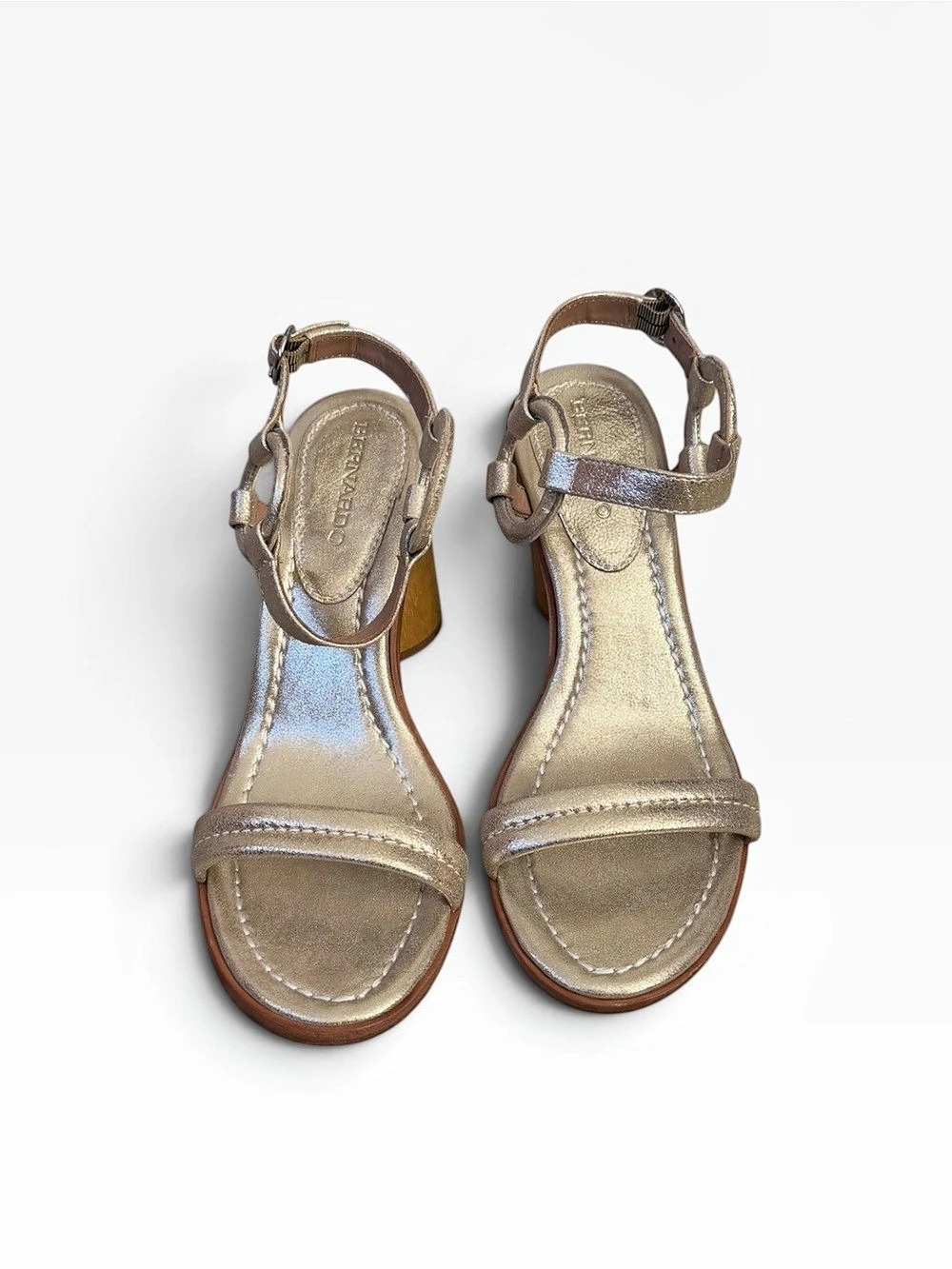 Bernardo Anthropologie Harlow Heeled Sandal Wood Block Gold Leather 9.5 Formal - Picture 4 of 11